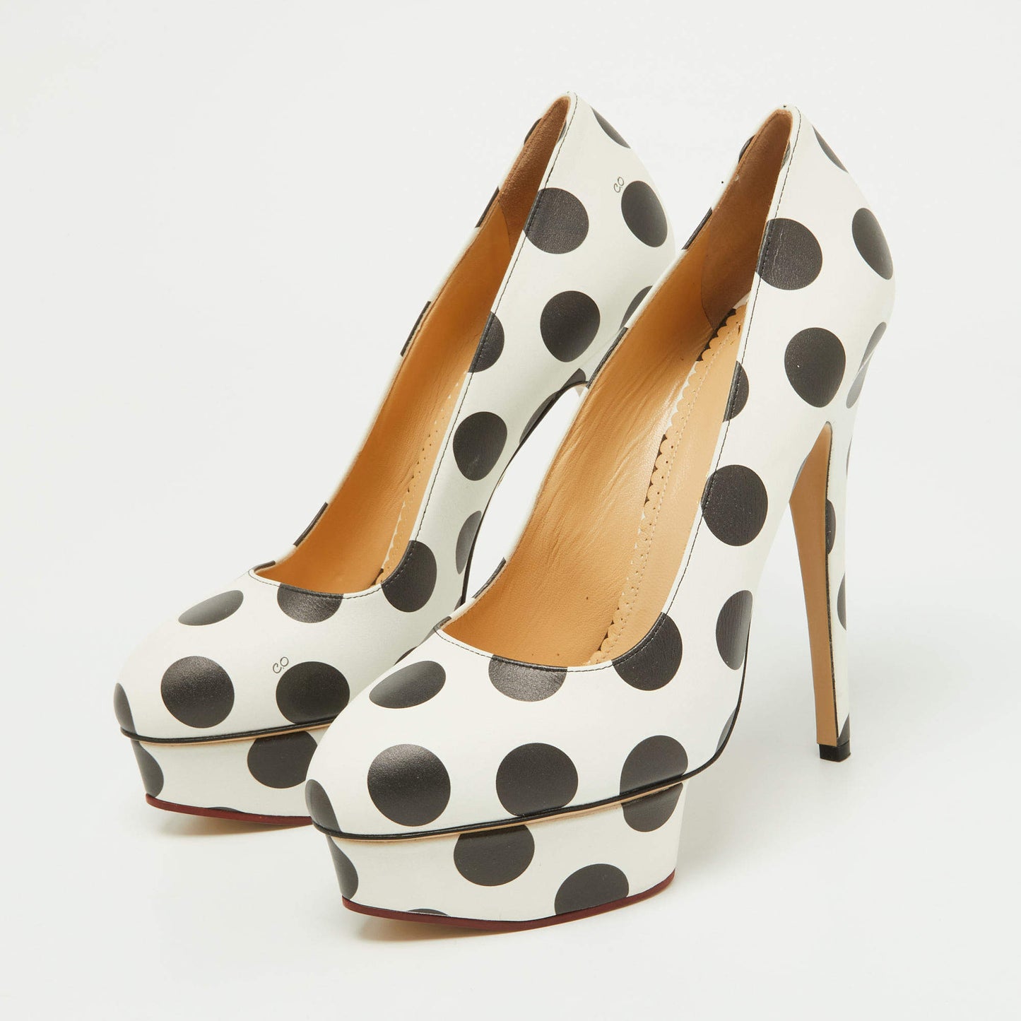 Original Charlotte Olympia White/Black Polka Dot Print Leather Dolly Platform Pumps Size 40