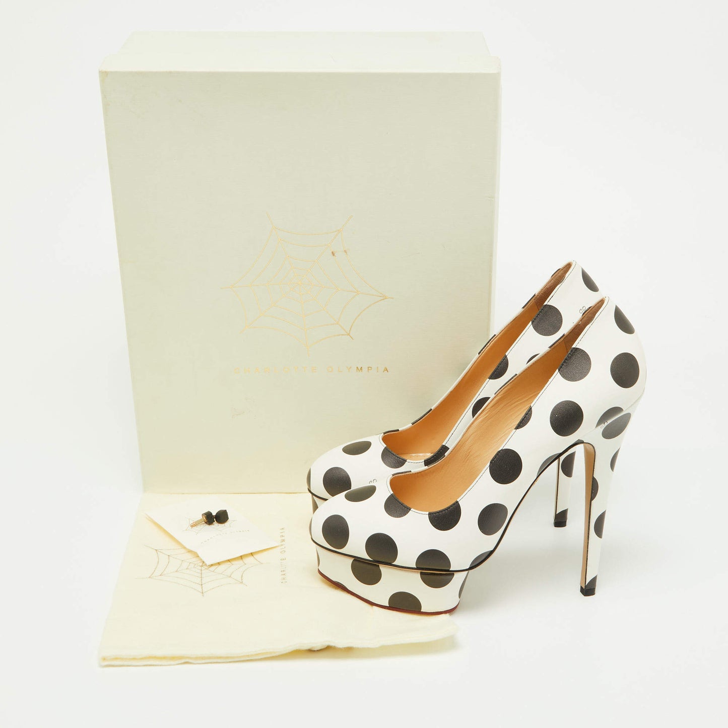 Original Charlotte Olympia White/Black Polka Dot Print Leather Dolly Platform Pumps Size 40