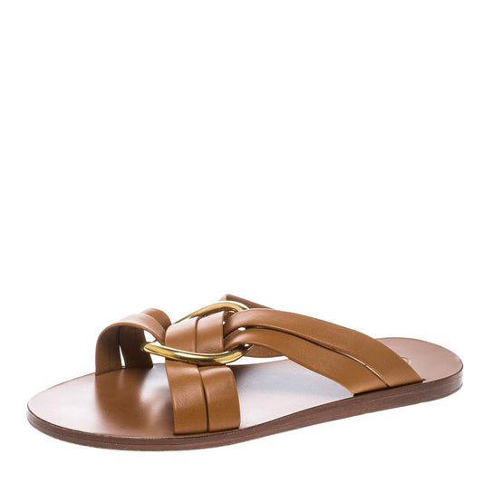 Original Chloe Brown Leather Rony Crisscross Flat Sandals Size 37