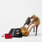 Original Christian Louboutin Black/Yellow Python Embossed Leather, Suede and Satin Aztec Sandals Size 41 (Never Used)