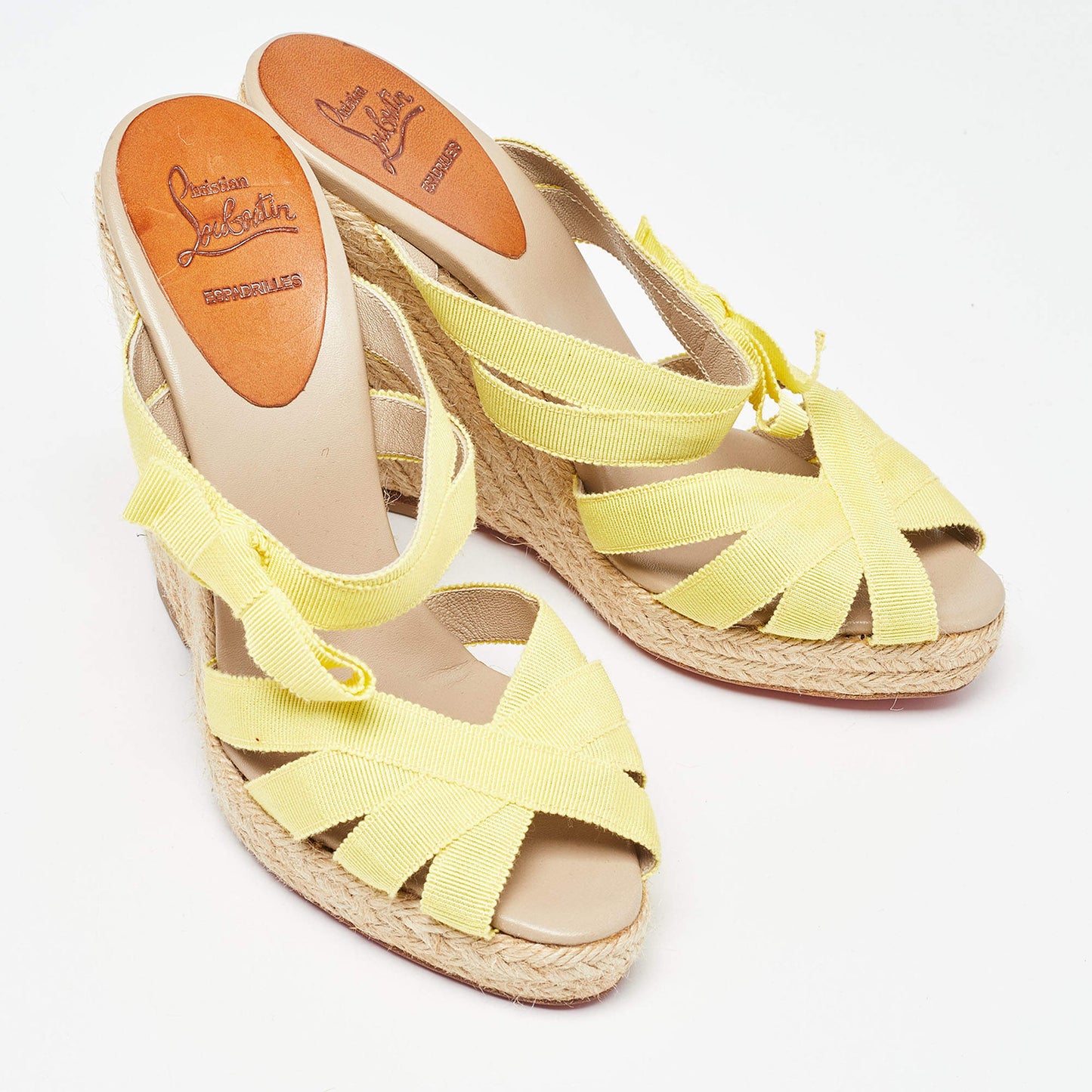 Original Christian Louboutin Yellow Fabric Delfin Espadrille Wedge Sandals Size 37 (Never Used)