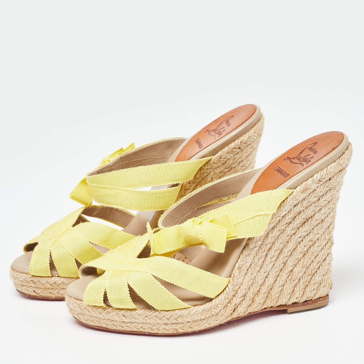 Original Christian Louboutin Yellow Fabric Delfin Espadrille Wedge Sandals Size 37 (Never Used)