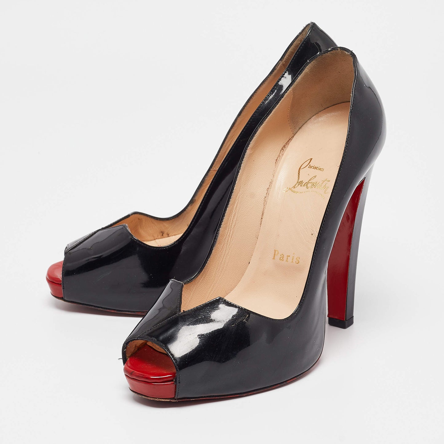 Original Christian Louboutin Black Patent Leather Carroseria Peep Toe Pumps Size 39