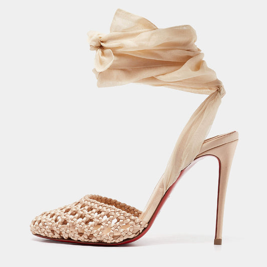 Original Christian Louboutin Beige Woven Satin and Fabric Ankle Tie Pumps Size 35.5