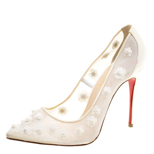 Original Christian Louboutin Off White Floral Embellished Silk Marguerite Pointed Toe Pumps Size 37.5