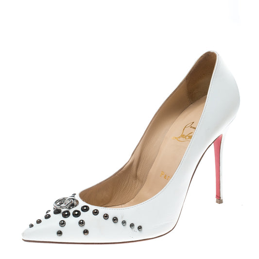 Original Christian Louboutin White Leather Door Knock Studded Pumps Size 39