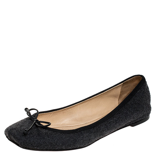 Original Christian Louboutin Grey Wool And Black Grosgrain Trim Rosella Bow Ballet Flats Size 38.5