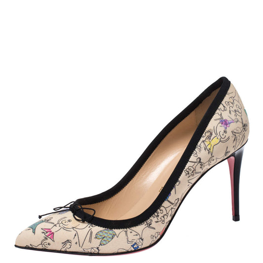 Original Christian Louboutin Multicolor Printed Satin Solasofia Pointed Toe Pumps Size 38.5