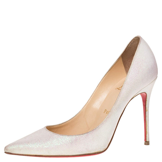 Original Christian Louboutin White Glitter Fabric Decollete 554 Pumps Size 37.5