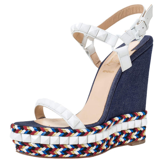 Original Christian Louboutin White Leather Cataclou Denim Wedge Platform Ankle Strap Sandals Size 37