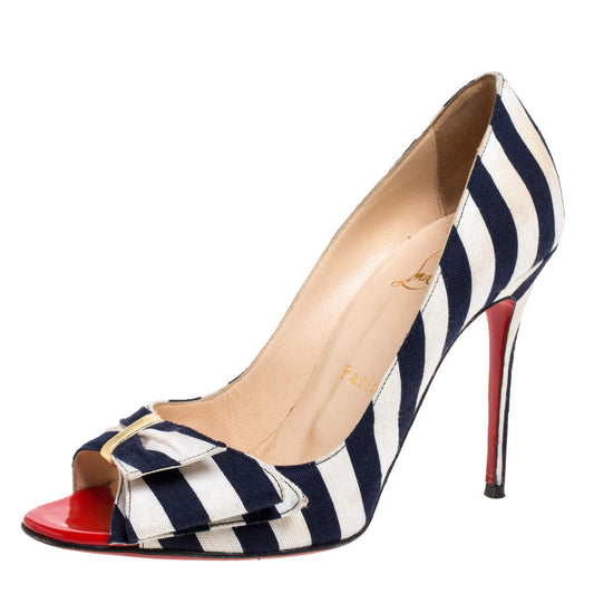 Original Christian Louboutin Navy Blue/White Stripe Canvas Just Soon Pumps Size 37.5