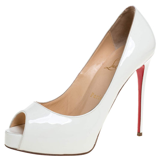 Original Christian Louboutin White Patent Leather New Prive Platform Peep Toe Pumps Size 36