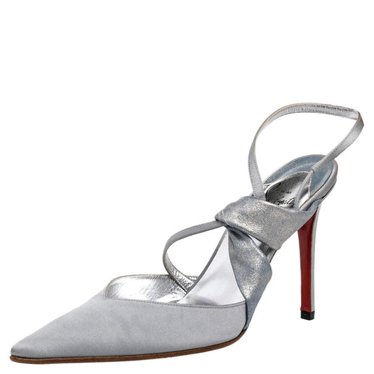 Original Christian Louboutin Silver Satin And Metallic Leather Pointed Toe Slingback Sandals Size 37