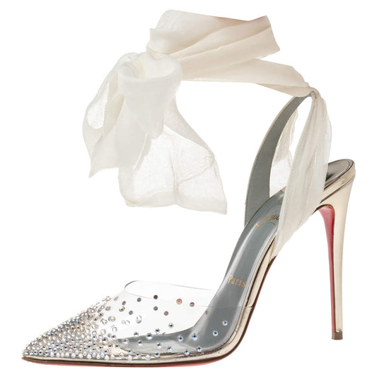 Original Christian Louboutin White Lace and PVC Spikaqueen Studded Accents Wrap Up Pumps Size 38