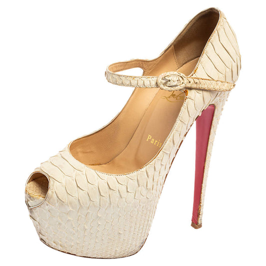 Original Christian Louboutin White Matte Python Lady Highness Peep Toe Pumps Size 38.5