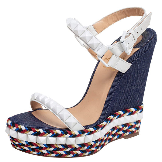 Original Christian Louboutin White Leather Cataclou Denim Wedge Platform Ankle Strap Sandals Size 37