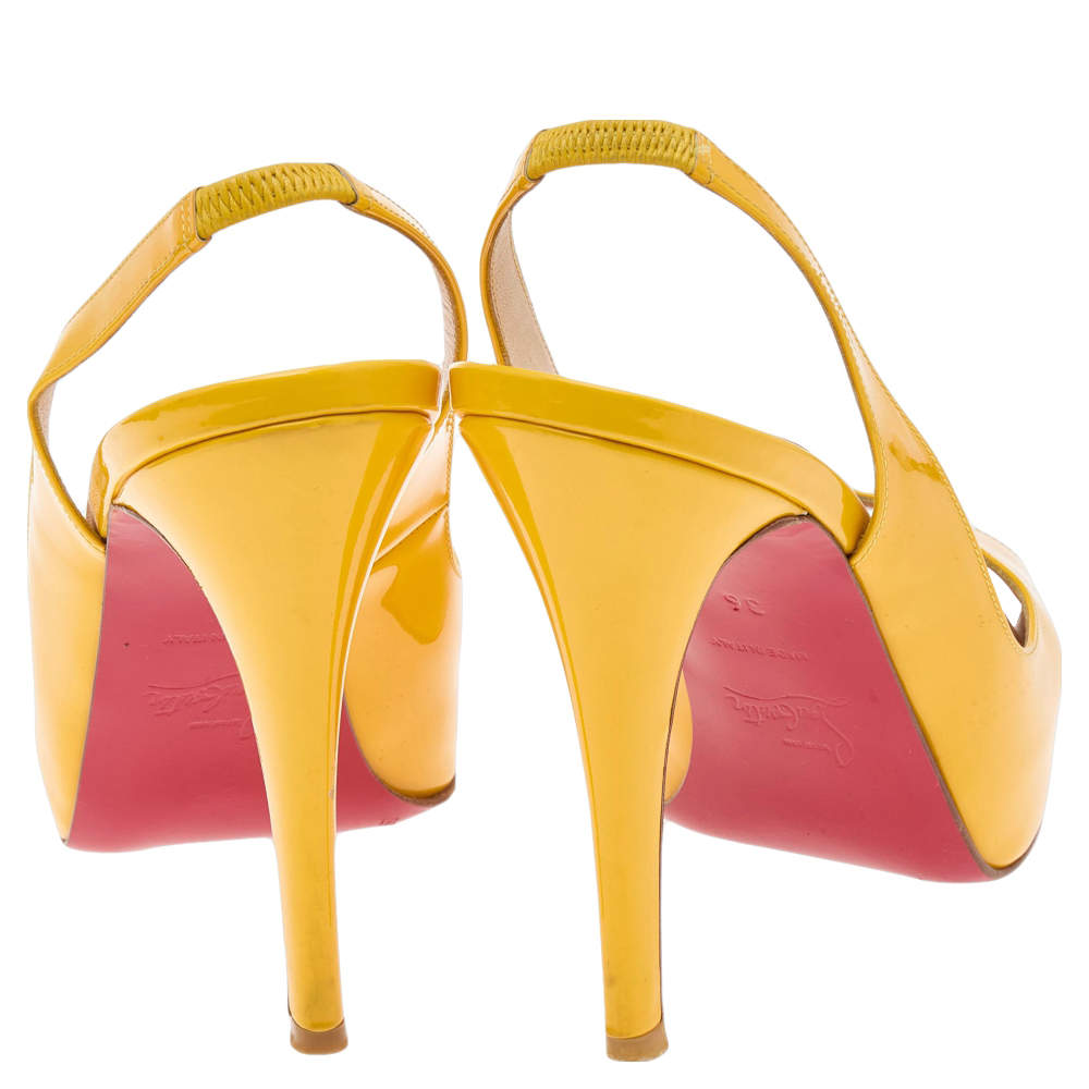 Original Christian Louboutin Yellow Patent Leather Peep Toe Platform Slingback Sandals Size 36