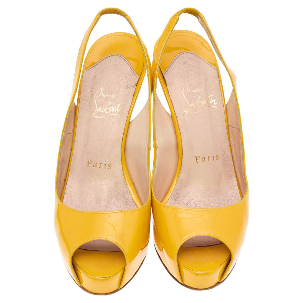 Original Christian Louboutin Yellow Patent Leather Peep Toe Platform Slingback Sandals Size 36