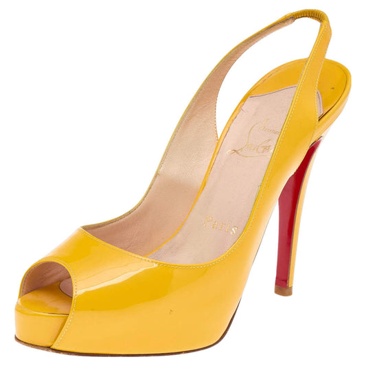 Original Christian Louboutin Yellow Patent Leather Peep Toe Platform Slingback Sandals Size 36