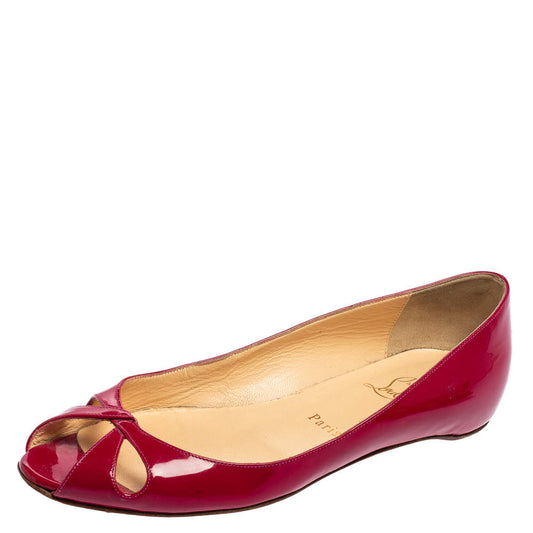 Original Christian Louboutin Pink Patent Leather Flat Peep-Toe Ballet Flats Size 37.5