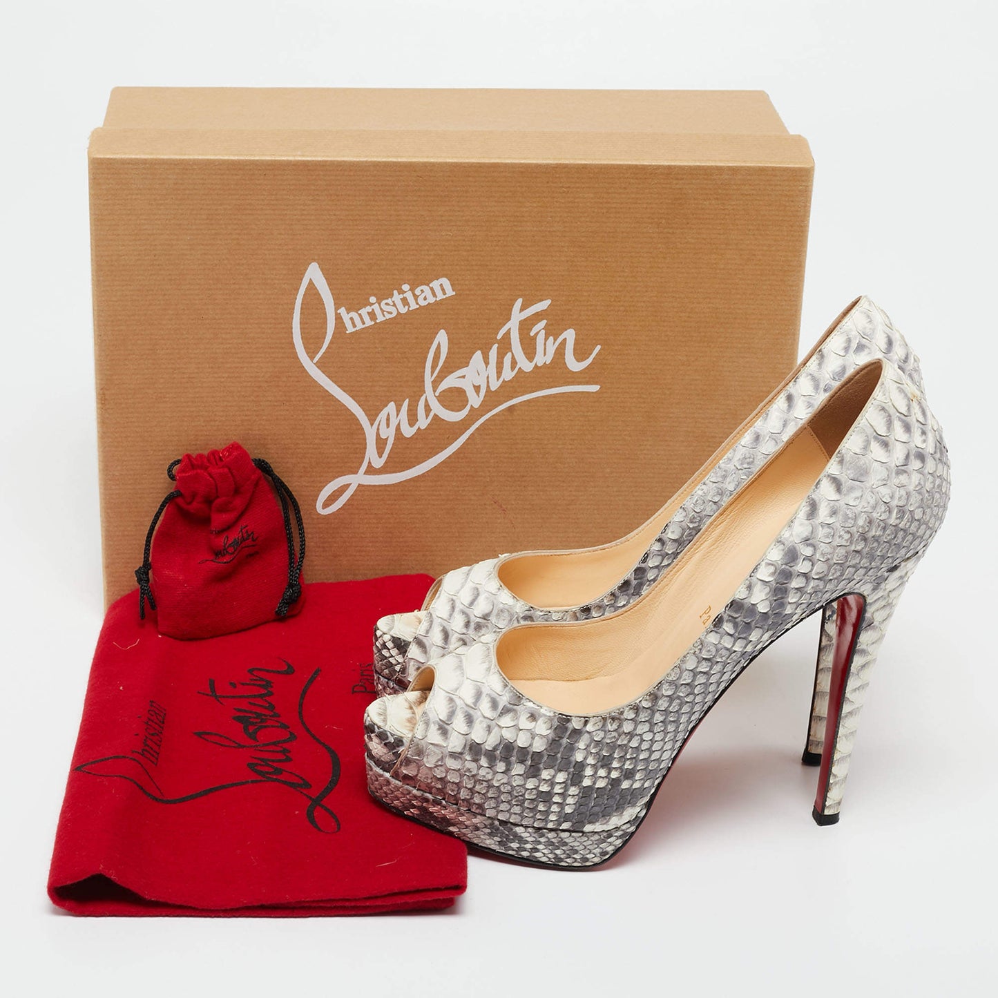 Original Christian Louboutin Grey/White Python Altadama Peep Toe Platform Pumps Size 37