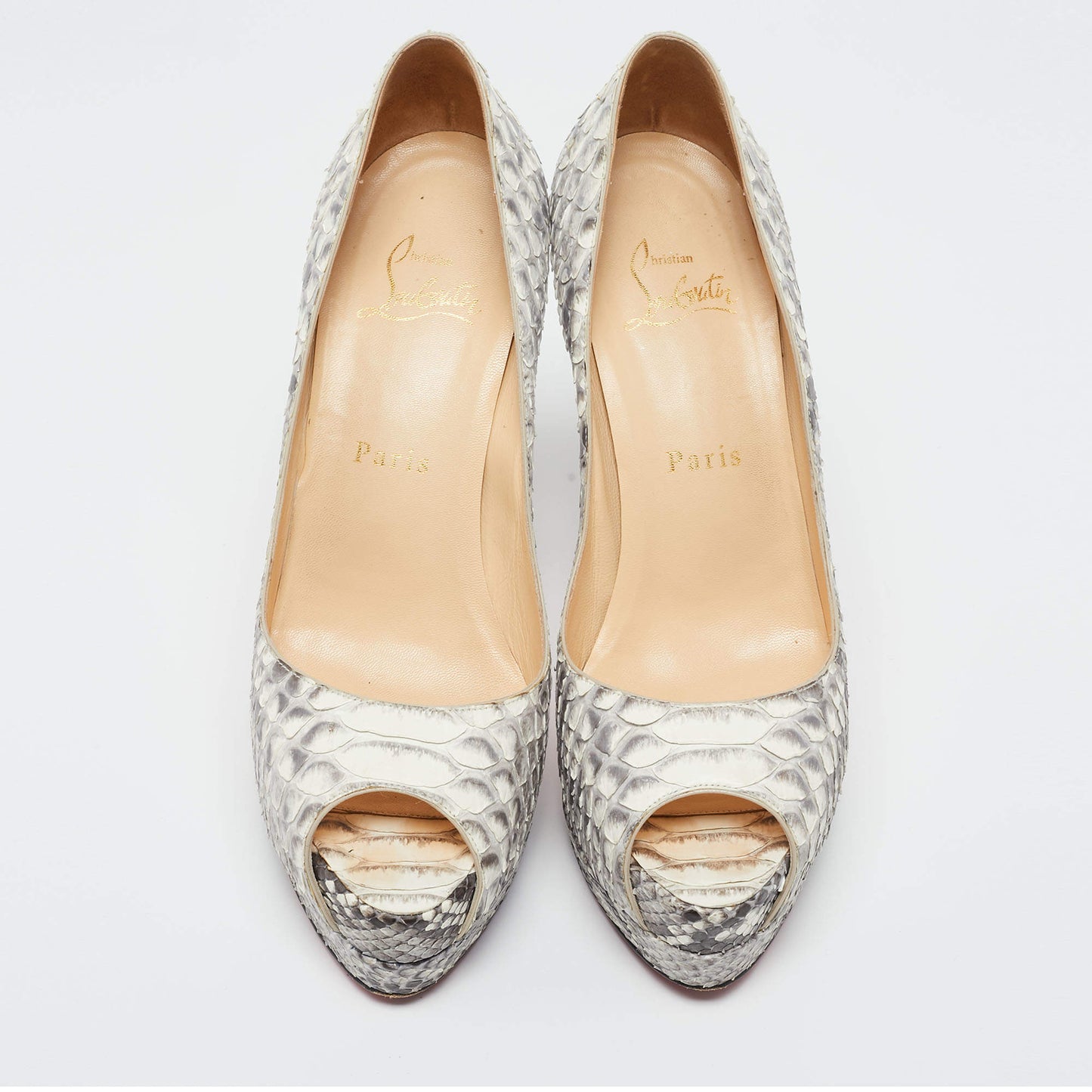 Original Christian Louboutin Grey/White Python Altadama Peep Toe Platform Pumps Size 37