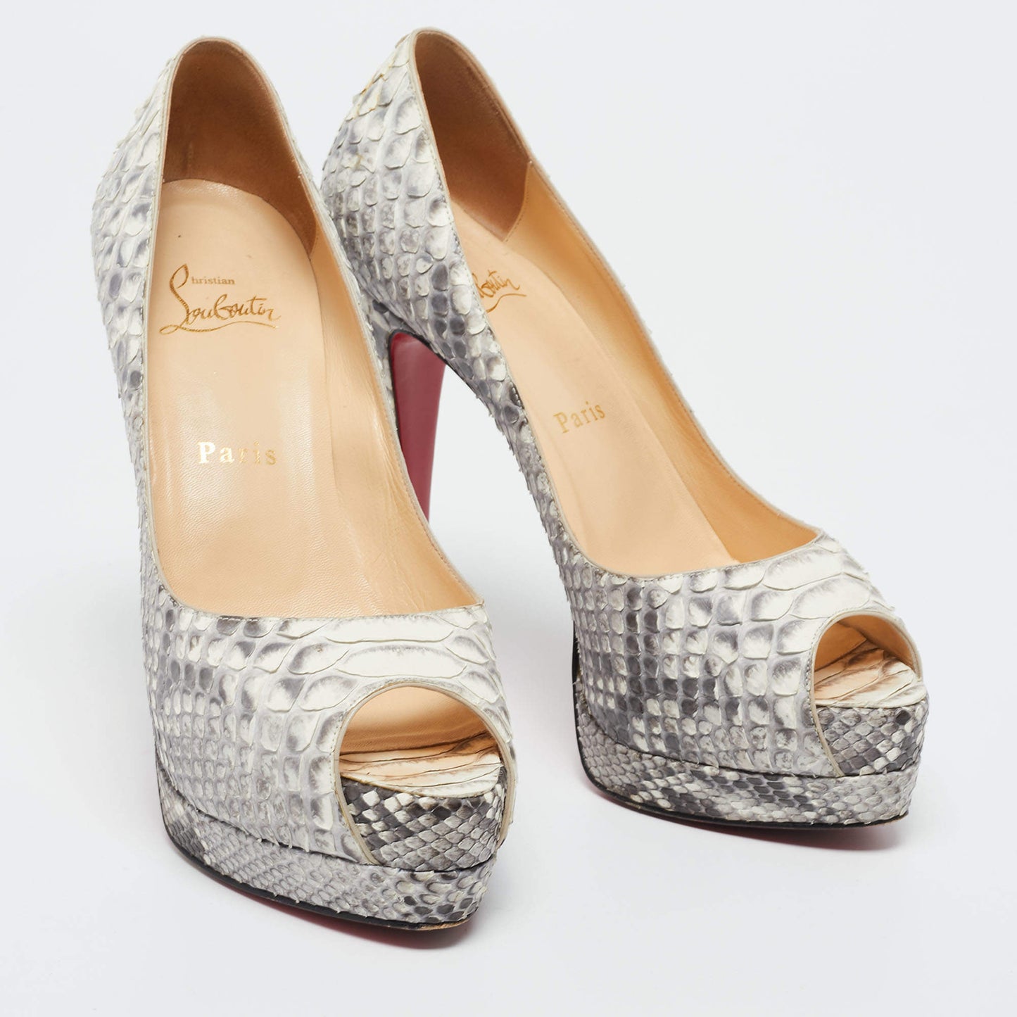 Original Christian Louboutin Grey/White Python Altadama Peep Toe Platform Pumps Size 37