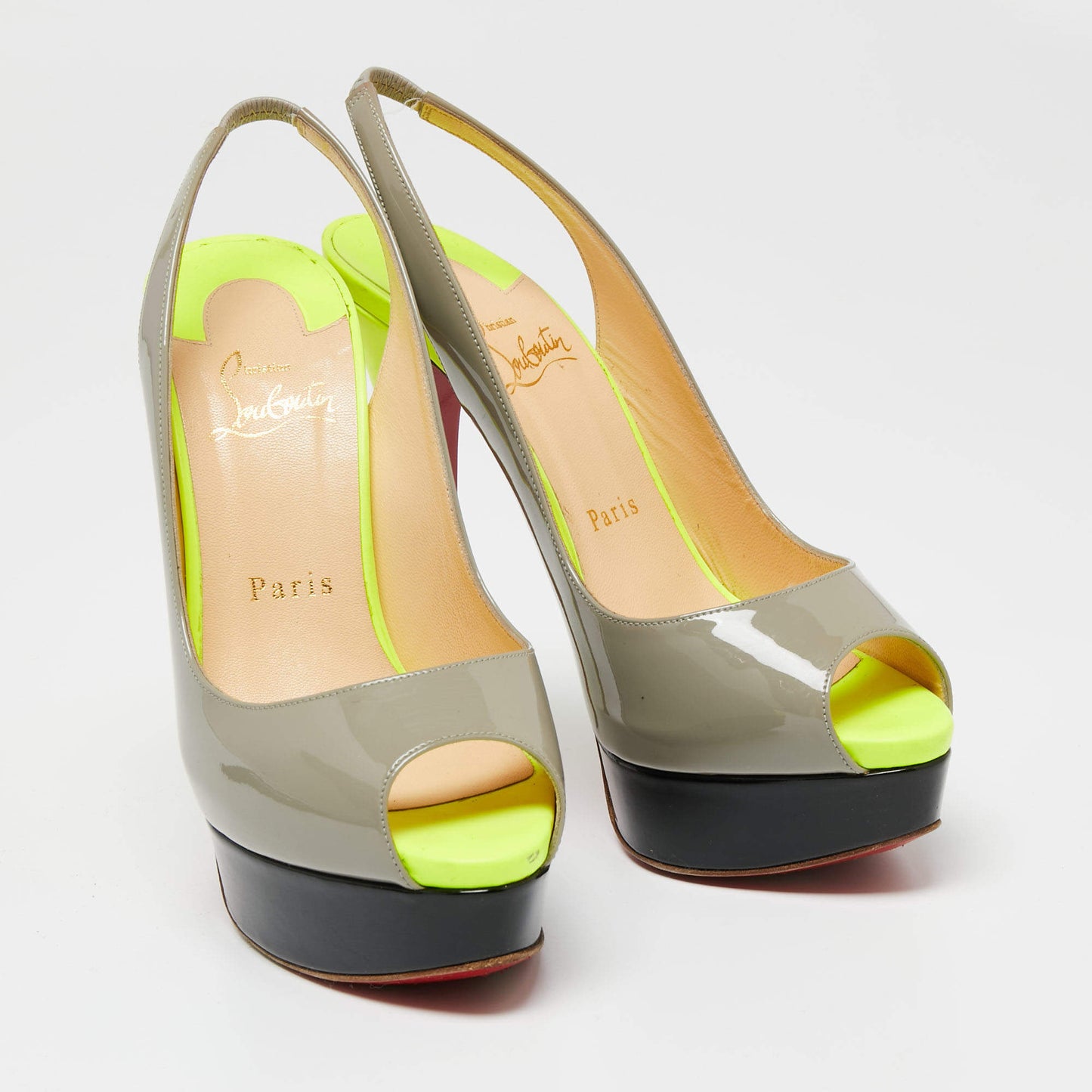 Original Christian Louboutin Tri-Color Patent Leather Lady Peep-Toe Slingback Sandals Size 37.5