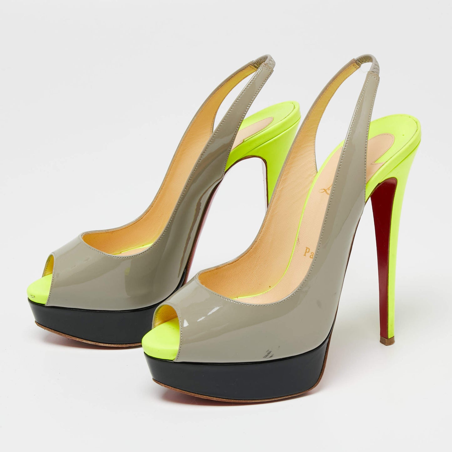 Original Christian Louboutin Tri-Color Patent Leather Lady Peep-Toe Slingback Sandals Size 37.5