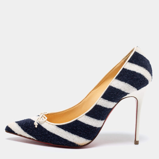 Original Christian Louboutin Navy Blue/White Striped Terry Fabric Decollete Spa Pumps Size 35