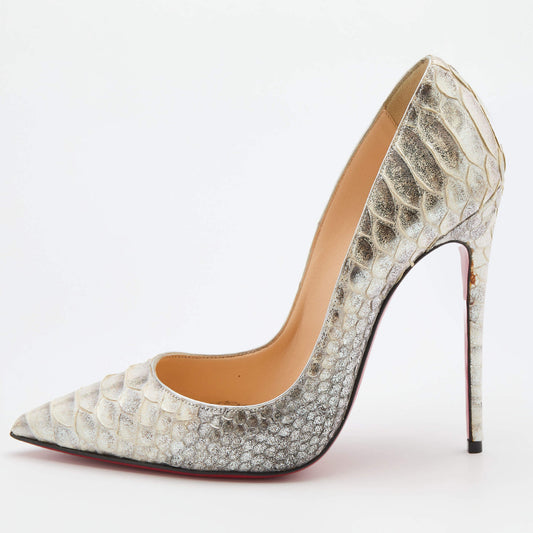 Original Christian Louboutin Silver/White Python Leather So Kate Pointed Toe Pumps Size 37