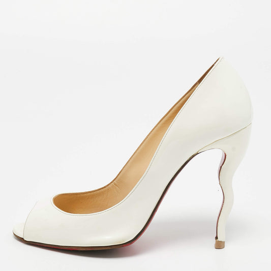 Original Christian Louboutin White Patent Leather Jolly Wavy Peep Toe Pumps Size 37