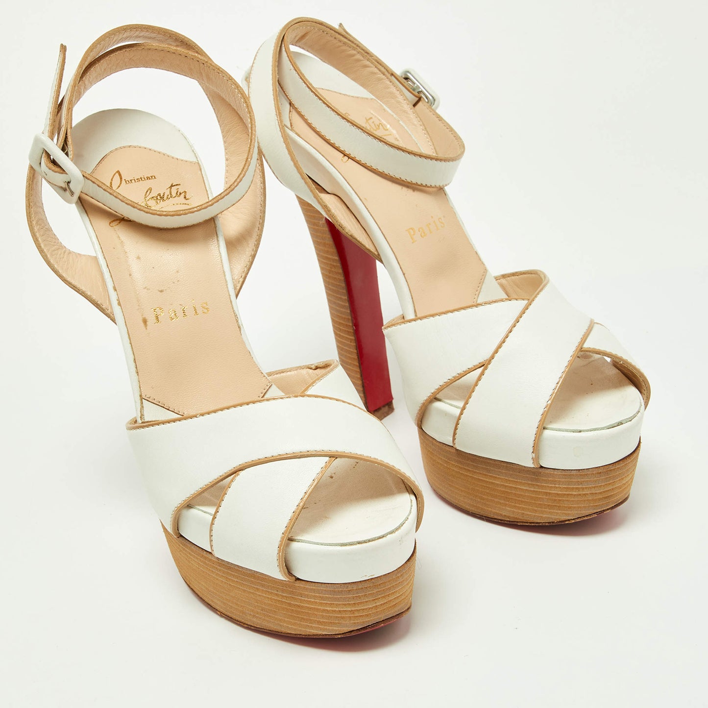 Original Christian Louboutin White Leather Criss Cross Platform Ankle Strap Sandals Size 36.5