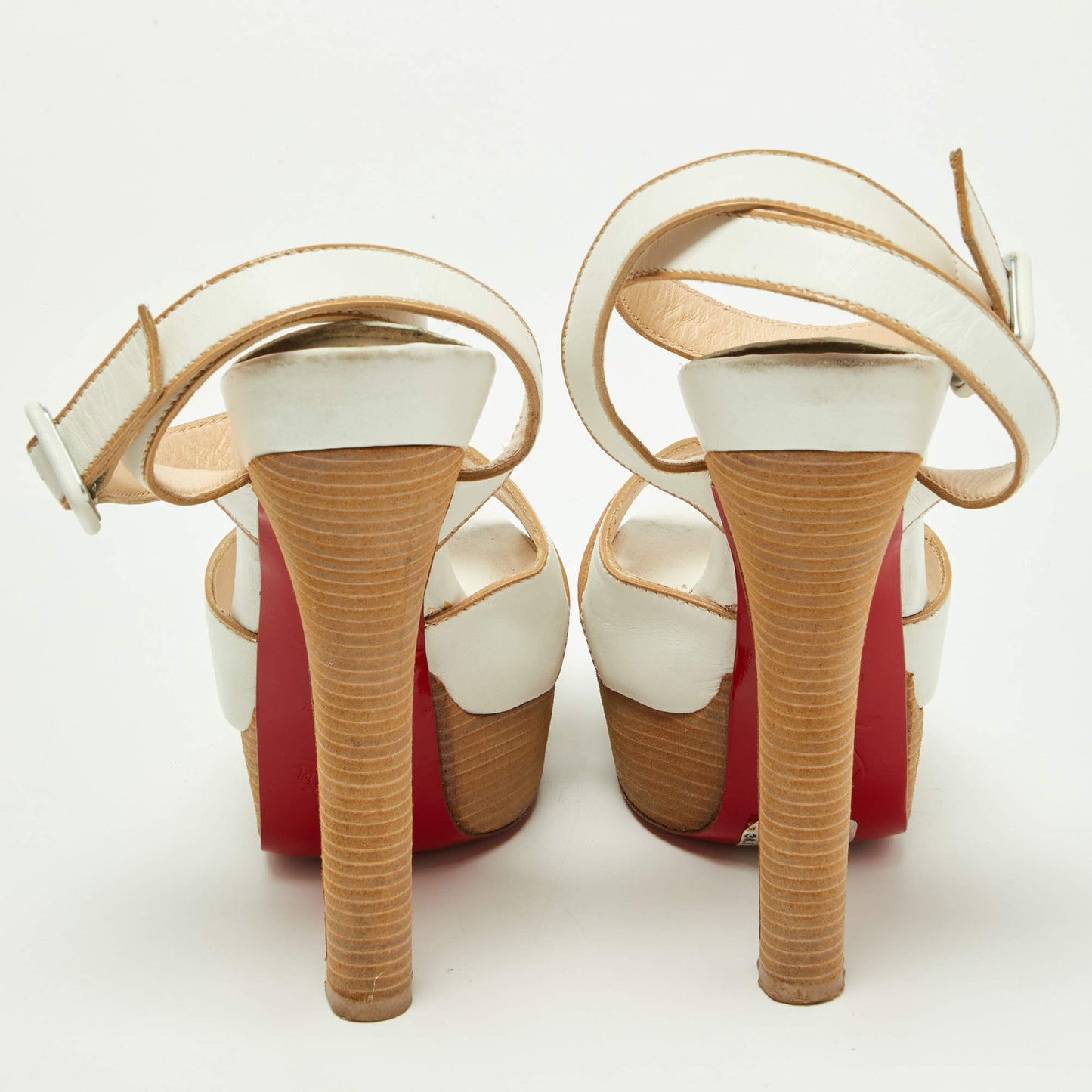 Original Christian Louboutin White Leather Criss Cross Platform Ankle Strap Sandals Size 36.5