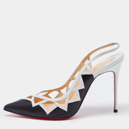 Original Christian Louboutin Black/White Leather Stellare Triangular Cut-Out Slingback Pumps Size 38.5