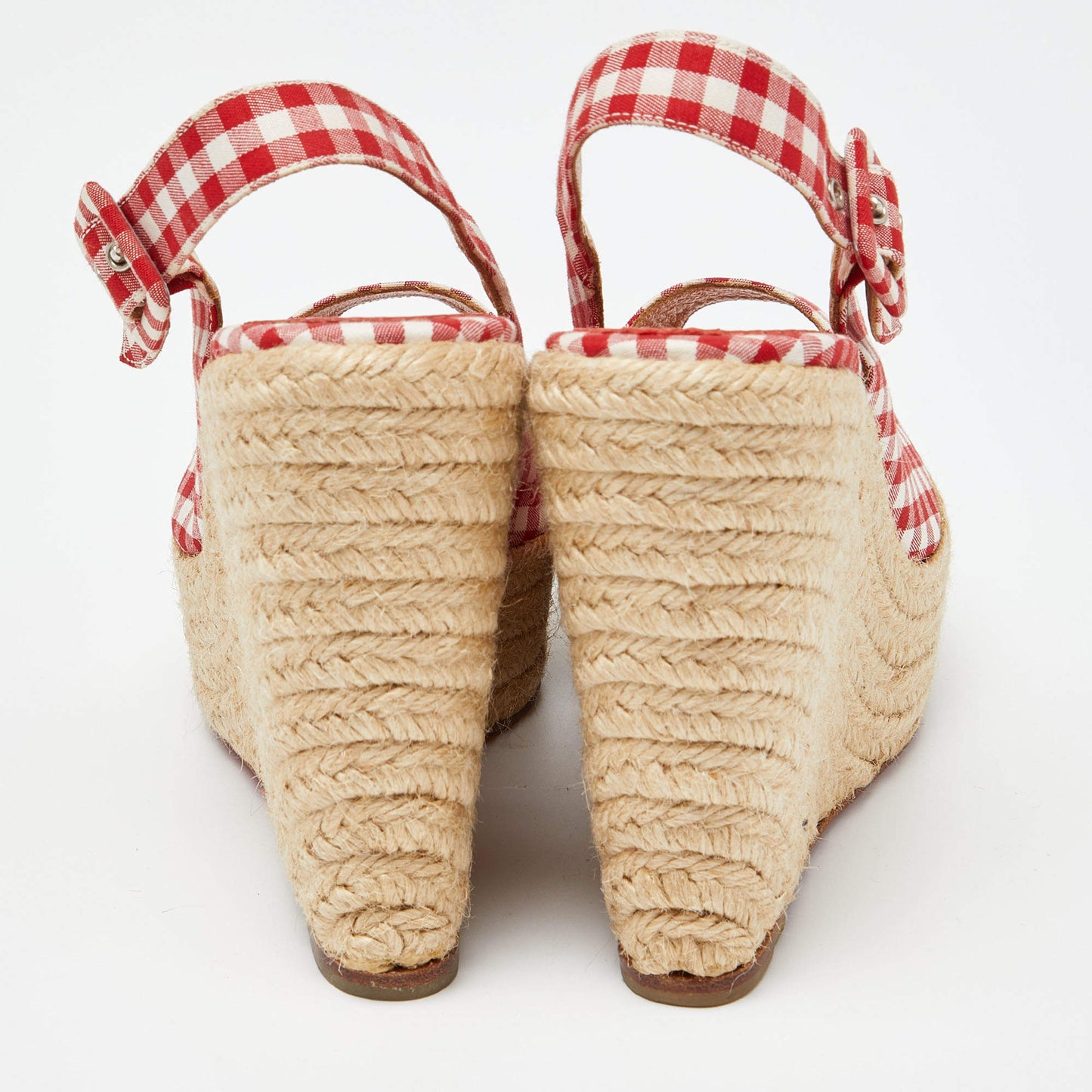 Original Christian Louboutin Red/White Gingham Fabric Menorca Espadrille Wedge Pumps Size 37