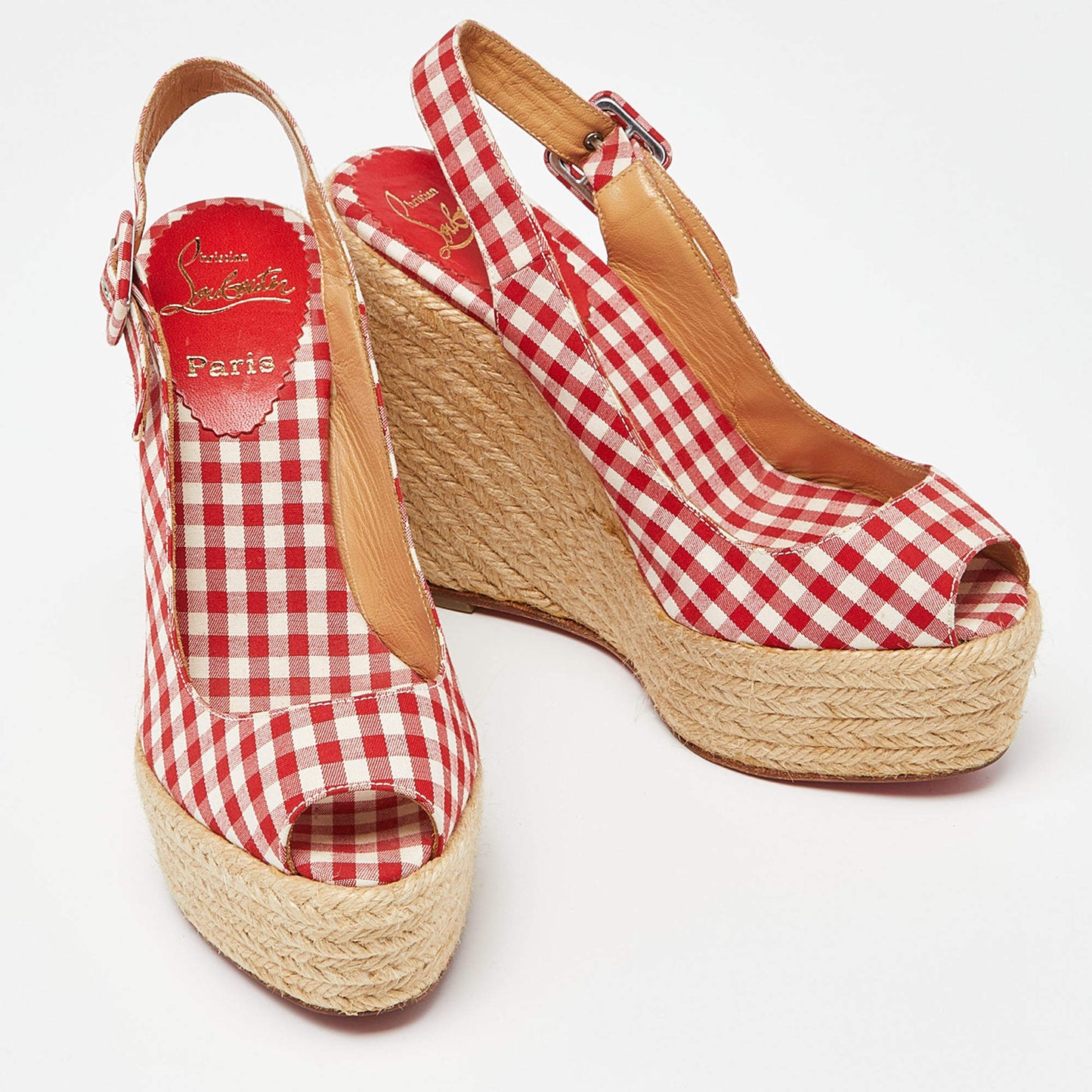 Original Christian Louboutin Red/White Gingham Fabric Menorca Espadrille Wedge Pumps Size 37