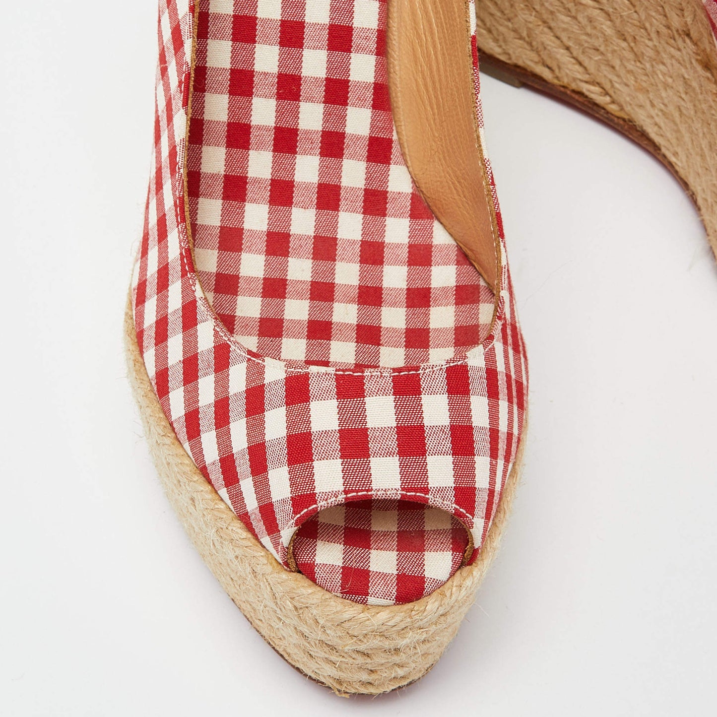 Original Christian Louboutin Red/White Gingham Fabric Menorca Espadrille Wedge Pumps Size 37