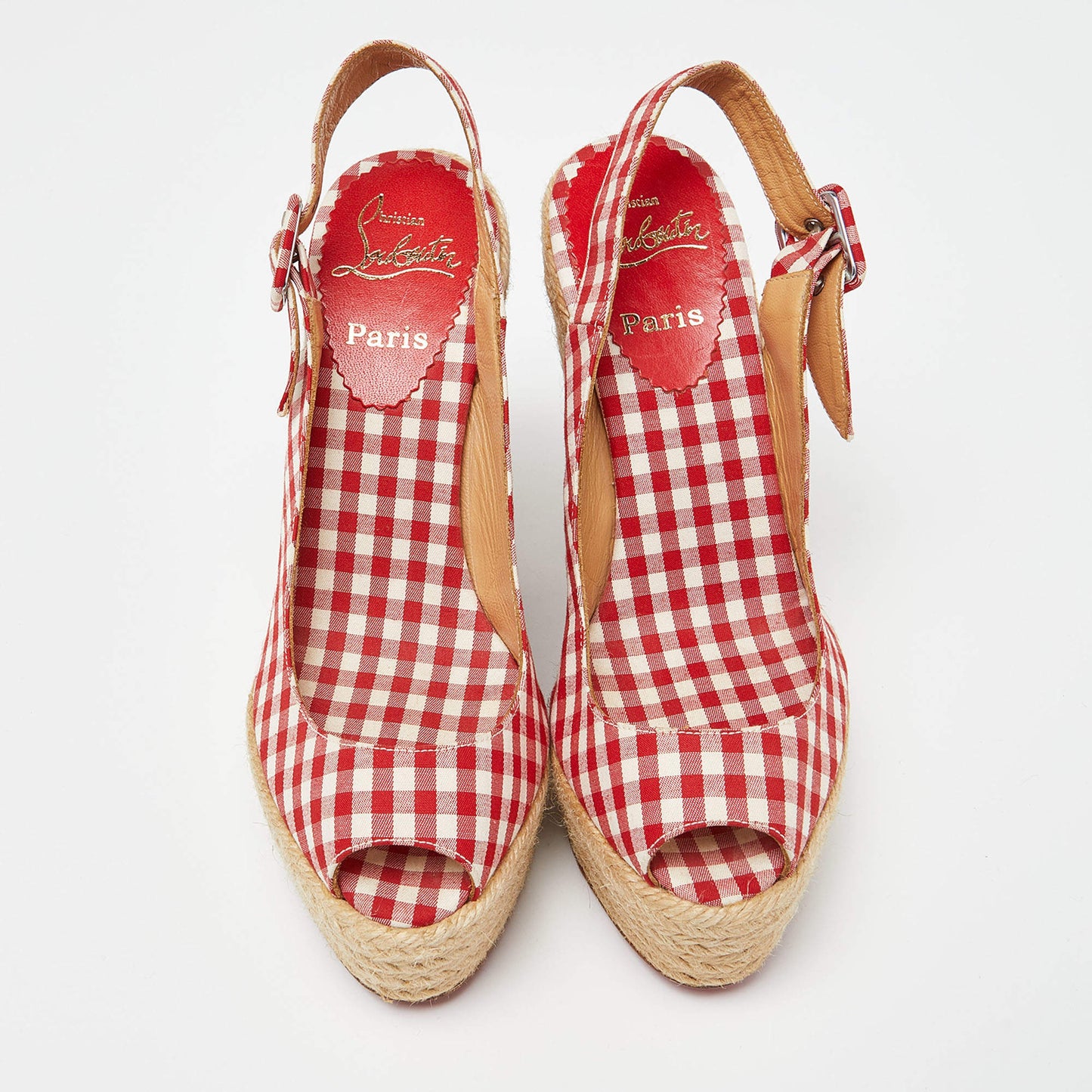 Original Christian Louboutin Red/White Gingham Fabric Menorca Espadrille Wedge Pumps Size 37