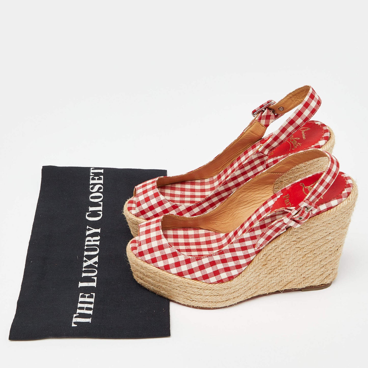 Original Christian Louboutin Red/White Gingham Fabric Menorca Espadrille Wedge Pumps Size 37