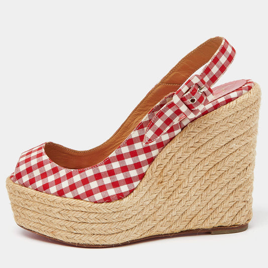 Original Christian Louboutin Red/White Gingham Fabric Menorca Espadrille Wedge Pumps Size 37