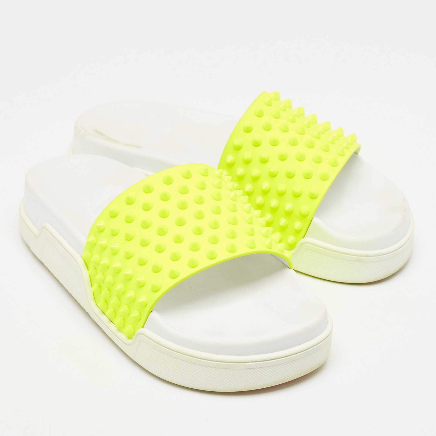 Original Christian Louboutin Neon Yellow Leather Spikes Pool Fun Flat Slides Size 40