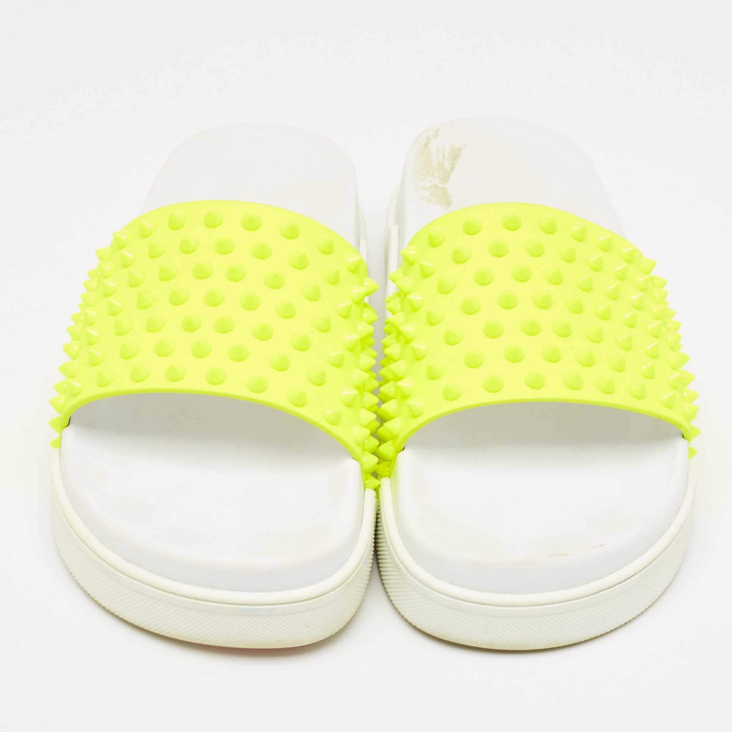 Original Christian Louboutin Neon Yellow Leather Spikes Pool Fun Flat Slides Size 40