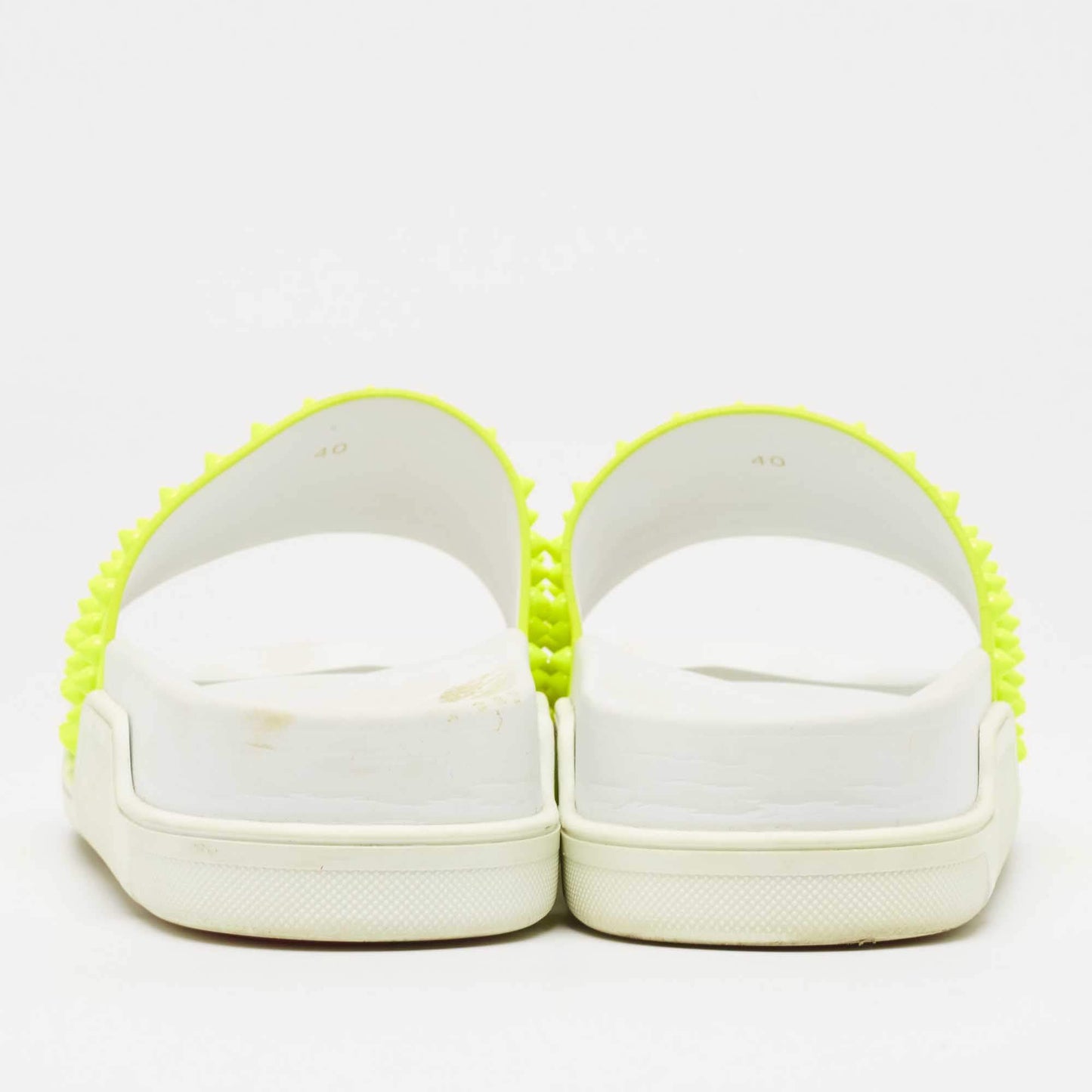 Original Christian Louboutin Neon Yellow Leather Spikes Pool Fun Flat Slides Size 40