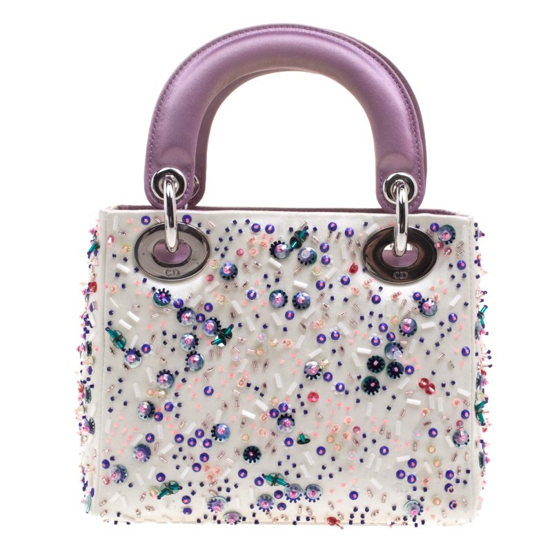 Original Dior White/Lilac Satin Embelished Limited Edition Mini Lady Dior Tote