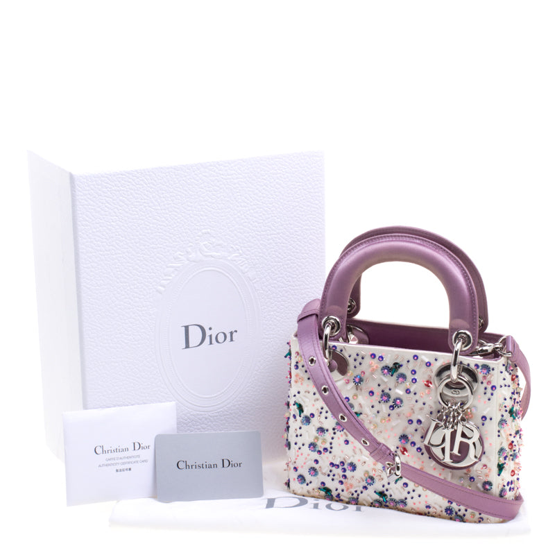 Original Dior White/Lilac Satin Embelished Limited Edition Mini Lady Dior Tote