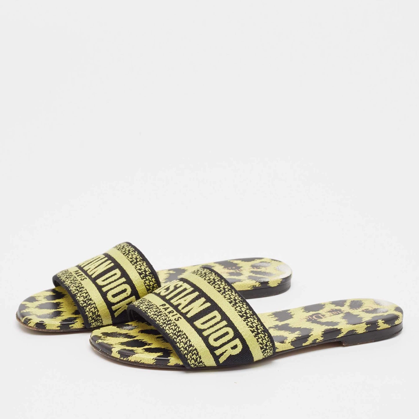 Original Dior Neon Yellow/Black Fabric Leopard Print Dway Flat Slides Size 36