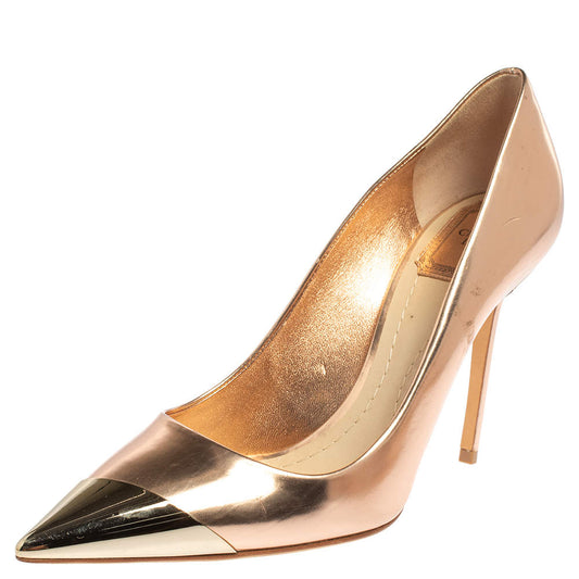 Original Dior Rose Gold Leather Metal Pointed Cap Toe Pumps Size 39