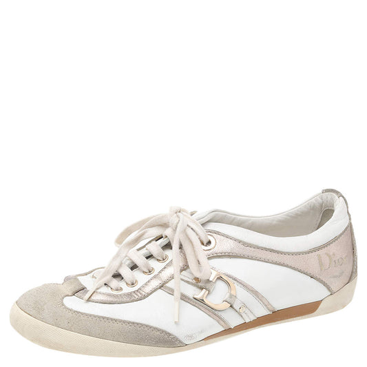 Original Dior White/Gold Leather and Suede Lace Up Sneakers Size 36.5