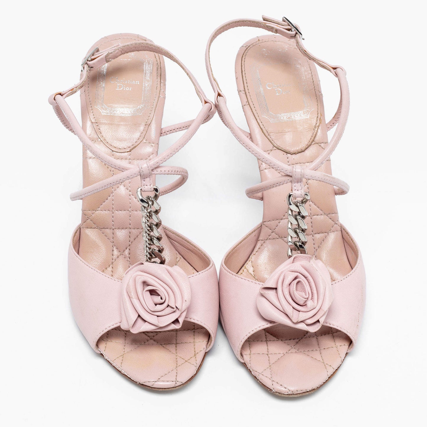 Original Dior Pink Leather Rose Chain Ankle Strap Sandals Size 37